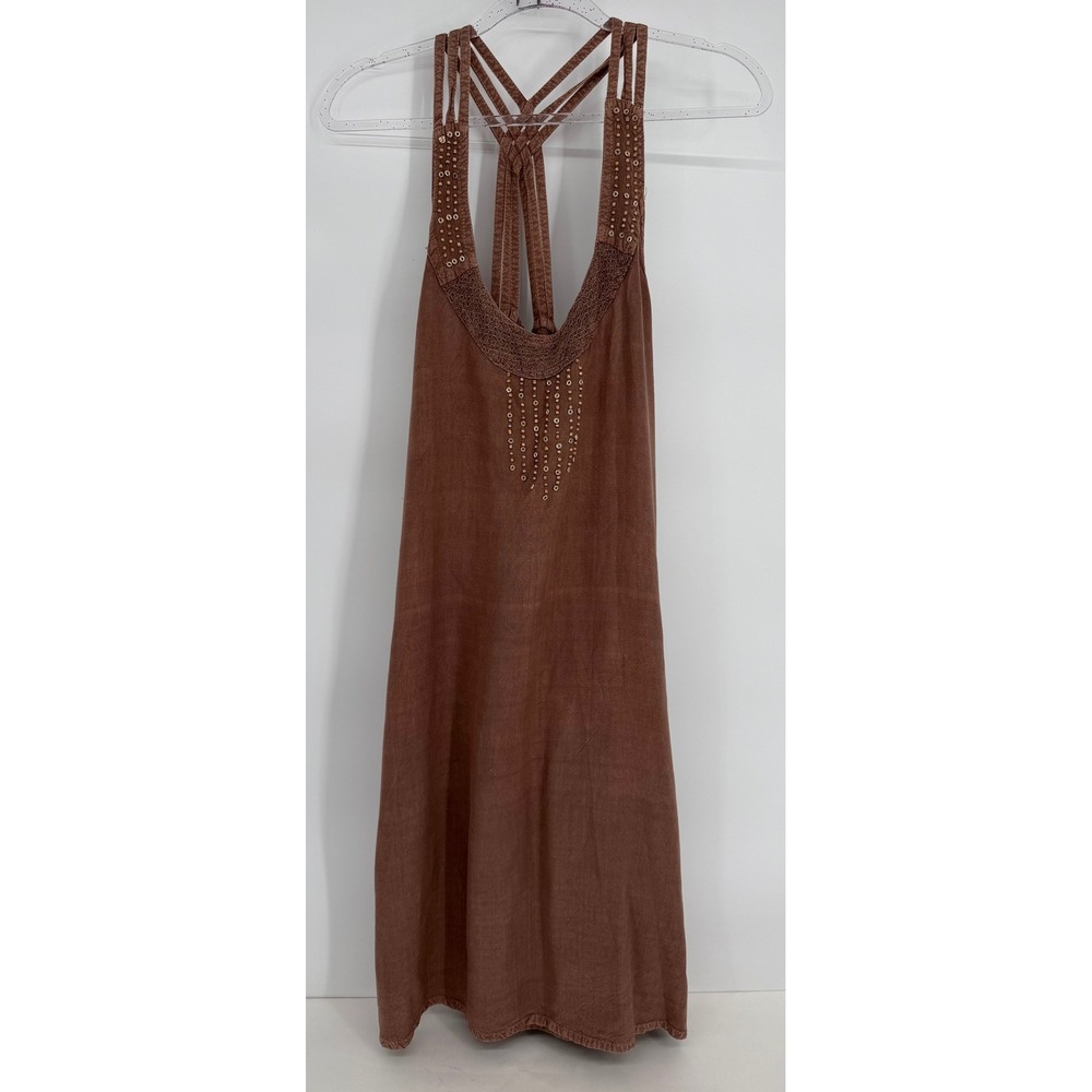 Raya Sun Terracotta Brown Beaded Crochet Strappy Racerback Boho Mini Dress Sz M